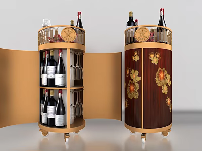 Elegant Round Wheeled Wine Cabinet With Open Doors Red Wine Bottles Glassware And Decorative Flowers 3d model