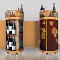 Elegant Round Wheeled Wine Cabinet With Open Doors Red Wine Bottles Glassware And Decorative Flowers