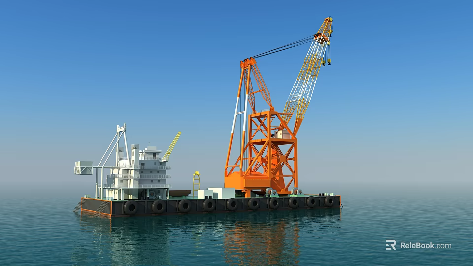 Wooden Boat Floating On Calm Ocean Near Orange Crane Platform With Blue Sky 3d model 