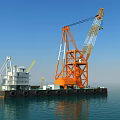 Wooden Boat Floating On Calm Ocean Near Orange Crane Platform With Blue Sky