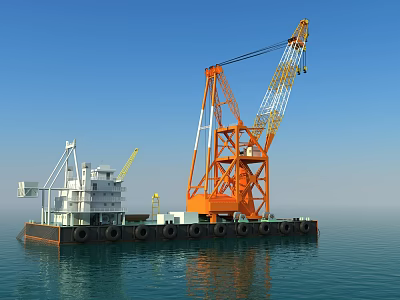Wooden Boat Floating On Calm Ocean Near Orange Crane Platform With Blue Sky 3d model