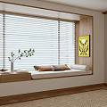 Bay Window Interior Design With Blinds Bench Cushions Table Vase Plant Yellow Painting And Bookshelf