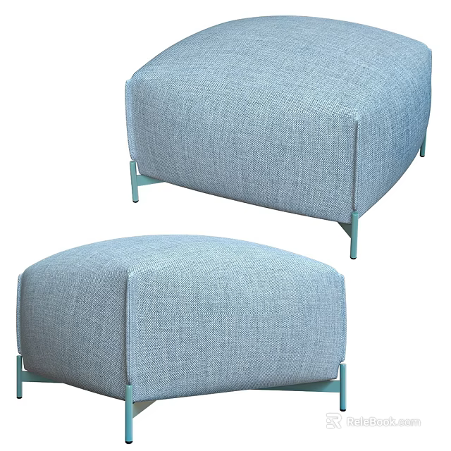Soft Light Blue Fabric Ottoman With Modern Stylish Green Metal Legs 3d model 