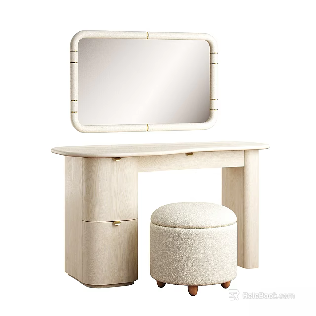 Modern Wooden Dressing Table With Rectangular Mirror Drawer And Round Stool 3d model