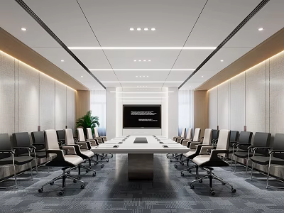 Modern Conference Room Interior Design With Long Table Office Chairs Large Screen And Lighting 3d model