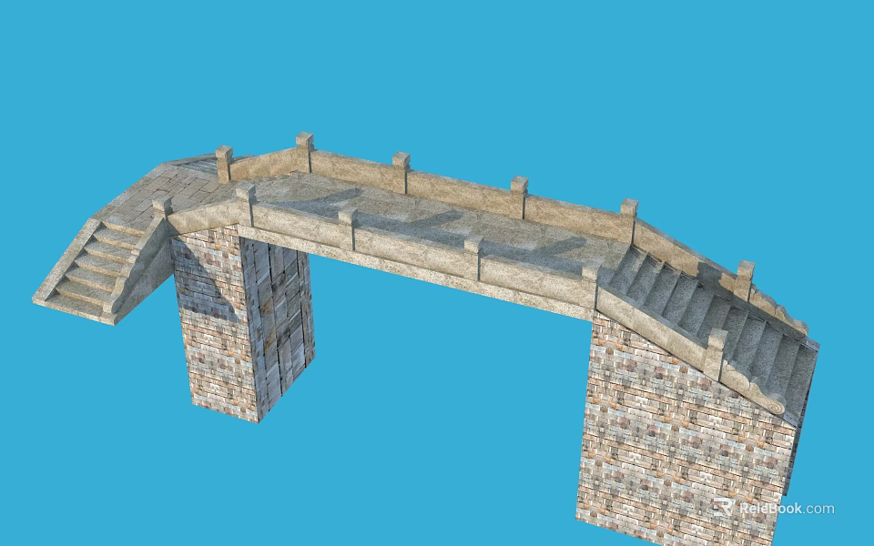 Ancient Stone Bridge With Steps Brick Structure And Railings On Blue Background 3d model 