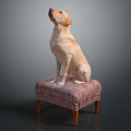 Labrador Dog Sitting On Patterned Upholstered Stool Looking Up Against Neutral Background 3d model