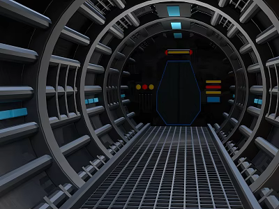 Futuristic Elevator Corridor Featuring Metallic Structure Grated Floor Circular Walls And Colored Lights 3d model