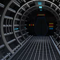 Futuristic Elevator Corridor Featuring Metallic Structure Grated Floor Circular Walls And Colored Lights