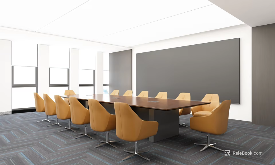 Modern Meeting Room Interior With Long Wooden Table Yellow Chairs And Gray Whiteboard 3d model 