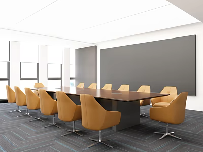 Modern Meeting Room Interior With Long Wooden Table Yellow Chairs And Gray Whiteboard 3d model