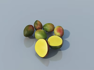 Fresh Ripe Mangoes With Sliced Yellow Flesh On Gray Surface 3d model