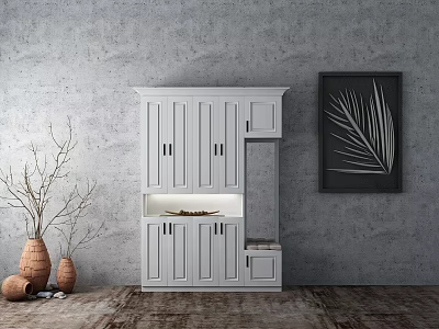 Modern White Shoe Cabinet Design With Multiple Doors And Open Storage Shelf 3d model