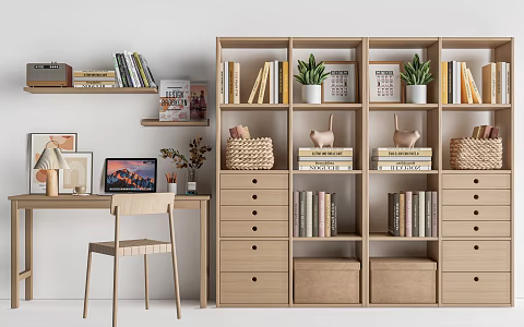 Bookshelf Bookcase Desk and Chair Combination Book Display Rack Decorative Rack 3d model