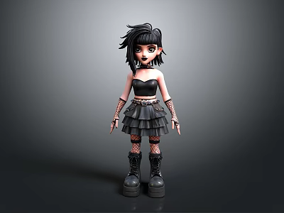 Cartoon Girl Wearing Black Crop Top Pleated Skirt Fishnet Stockings And Platform Boots 3d model