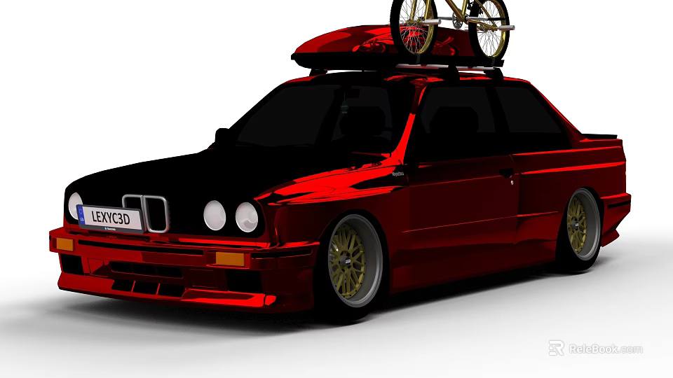 Shiny Red Car With Bicycle Mounted on Roof and Gold Alloy Rims 3d model 