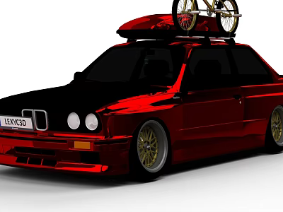 Shiny Red Car With Bicycle Mounted on Roof and Gold Alloy Rims 3d model