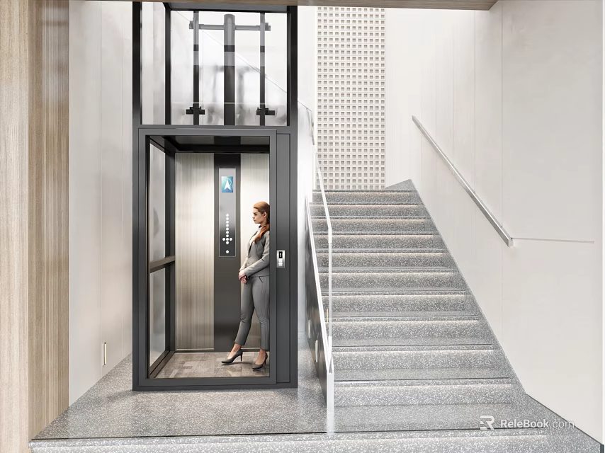 Modern Elevator Hallway Interior With Glass Elevator Staircase And Metal Railings 3d model