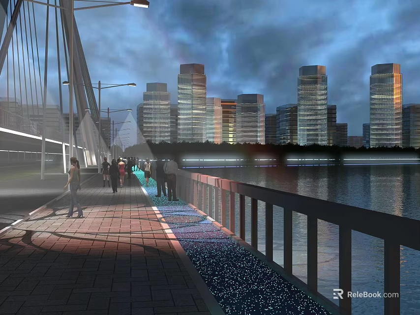Modern Pedestrian Bridge With City Skyline And River View At Evening Lights 3d model 