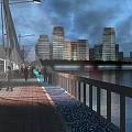 Modern Pedestrian Bridge With City Skyline And River View At Evening Lights