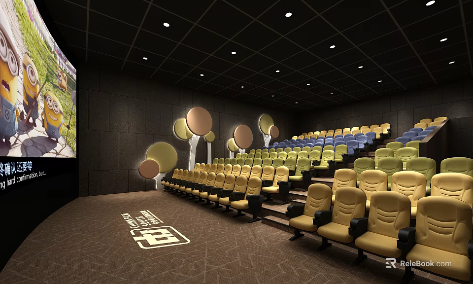Cinema Auditorium Interior with Spacious Comfortable Yellow Seats Large Screen and Modern Design 3d model 