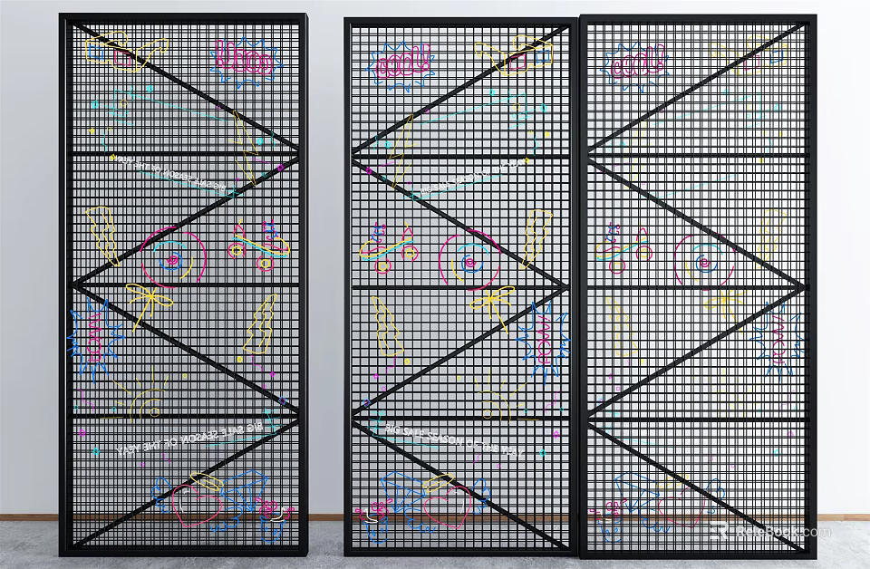 Black Three Panel Room Divider With Grid Design And Geometric Frame Structure 3d model 