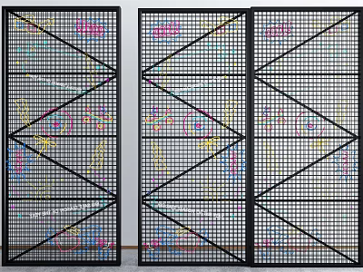 Black Three Panel Room Divider With Grid Design And Geometric Frame Structure 3d model