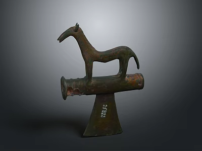 Ancient Bronze Horse Sculpture With Axe Shaped Base And Carved Details 3d model