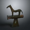 Ancient Bronze Horse Sculpture With Axe Shaped Base And Carved Details