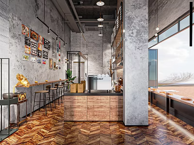 Industrial Style Café Interior With Herringbone Wooden Floors Gray Brick Walls And Coffee Machine 3d model