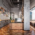 Industrial Style Café Interior With Herringbone Wooden Floors Gray Brick Walls And Coffee Machine