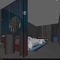 Modern Hotel Guest Room Interior Design With Comfortable Bed Round Mirror And Accent Lighting
