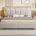 Modern Elegant Double Bed With Light Gray Upholstered Headboard Gold Trim And Cozy Bedroom Interior