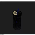 Refreshing Dark Beverage with Lemon Slice Ice Cubes and Blue Straw in Tall Glass