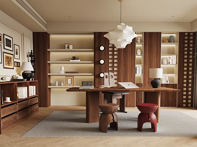 Modern Study Room Interior Design With Wooden Bookshelves Desk And Pendant Lighting Fixtures 3d model