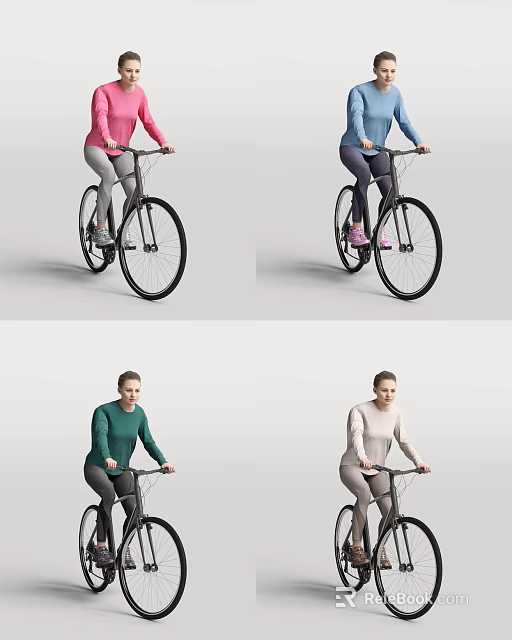 A woman riding a bicycle in various colorful tops against simple background 3d model 