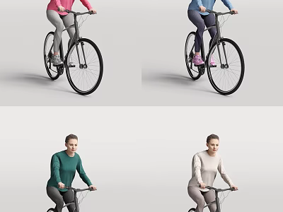 A woman riding a bicycle in various colorful tops against simple background 3d model
