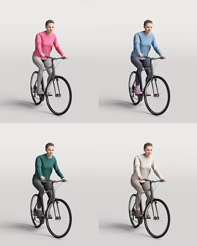 A woman riding a bicycle in various colorful tops against simple background 3d model