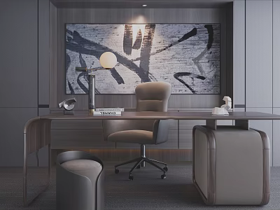 Modern Office Desk With Comfortable Chair Table Lamp Books And Decorations Against Abstract Painting Background 3d model