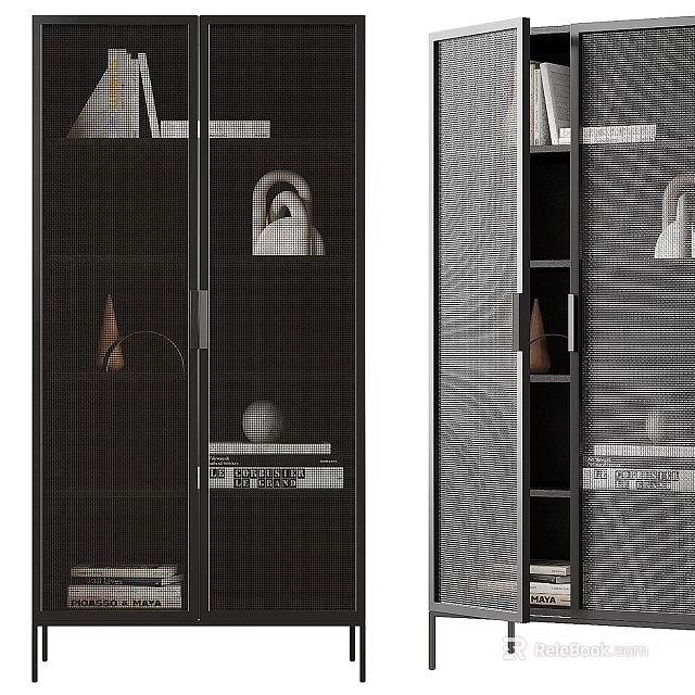 Modern Display Cabinet With Glass Door Metal Frame Books Decorative Sphere And Cone 3d model 