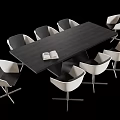 Dark Wooden Conference Table With Eight Black And White Metal Leg Chairs And Open Book