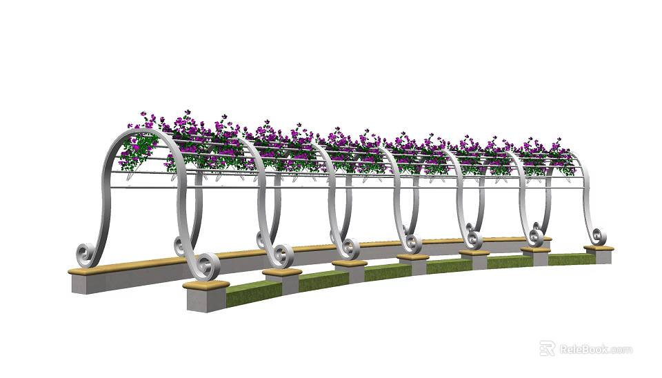 Curved Metal Garden Pergola Adorned With Purple Flowers And Green Vines 3d model 