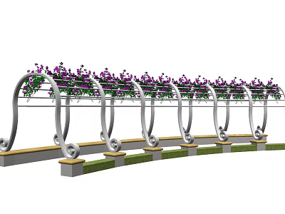 Curved Metal Garden Pergola Adorned With Purple Flowers And Green Vines 3d model