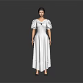 White Long Dress With Puffed Sleeves And Ruched Waist For Elegant Feminine Look