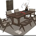 Rustic Wooden Dining Table Set with Chairs Bench Vase Fruits Rug and Painting