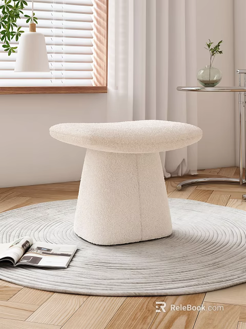 Beige Fluffy Stool With Round Top And Cone Shaped Base On Circular Rug 3d model 