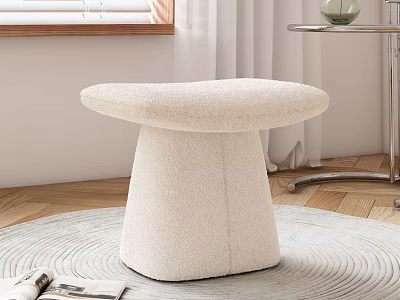 Beige Fluffy Stool With Round Top And Cone Shaped Base On Circular Rug 3d model