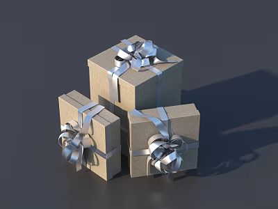 Decorative Ornament Set With Three Gift Boxes And Silver Ribbon Bows 3d model