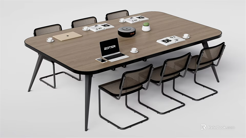Modern Wooden Conference Table With Laptop Cups Documents And Surrounding Chairs 3d model 