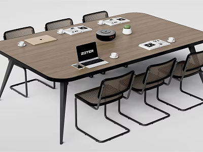 Modern Wooden Conference Table With Laptop Cups Documents And Surrounding Chairs 3d model